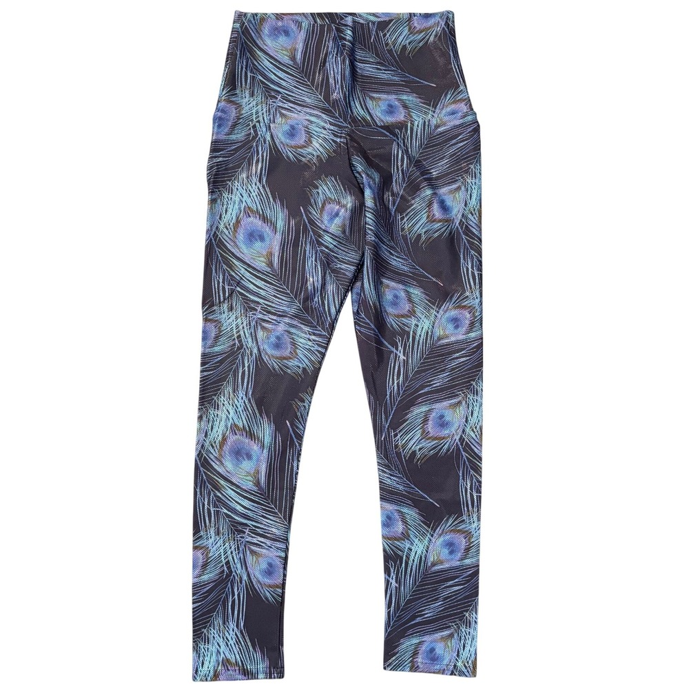 Emily Hsu Peacock Feather Leggings Sz L Blue Activewear Workout‎ Irridescent